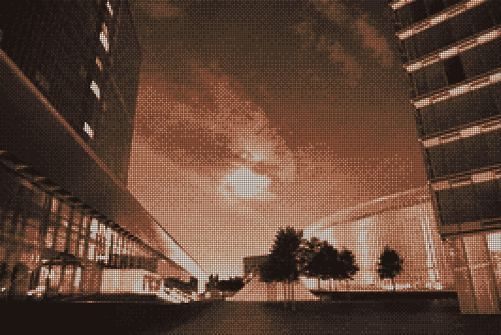 Glass towers on Place de l'Europe in Kirchberg, Luxembourg City, at night, etched in bronze