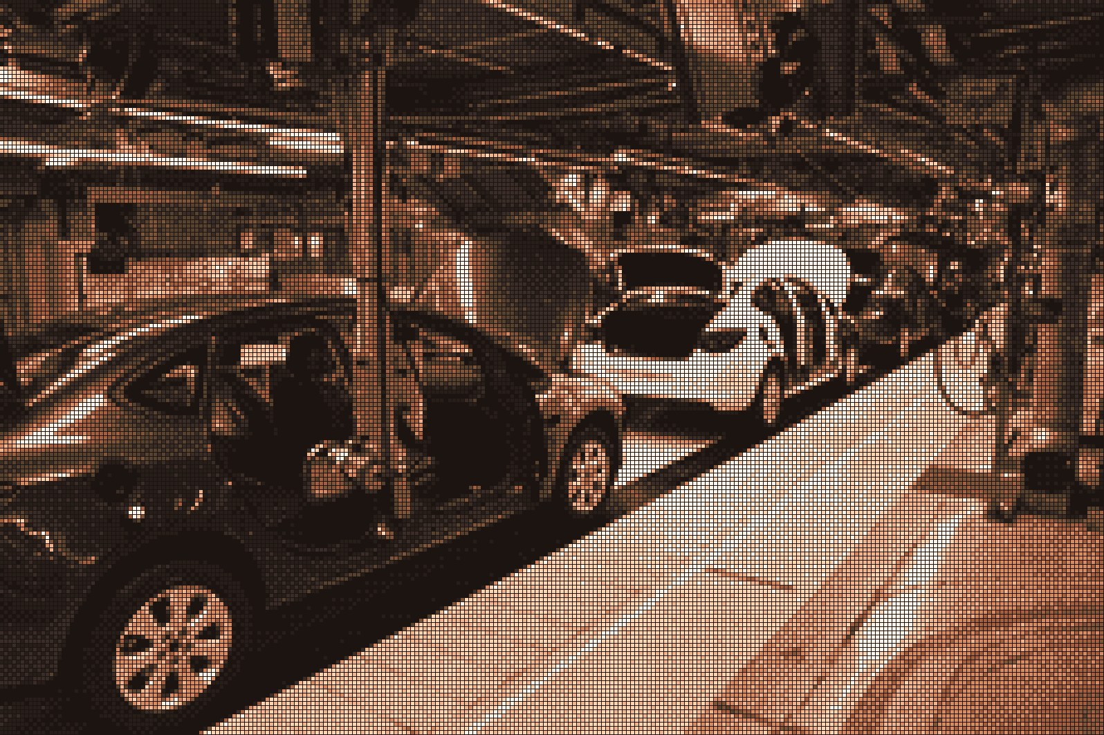 A car assembly line, etched in bronze squares